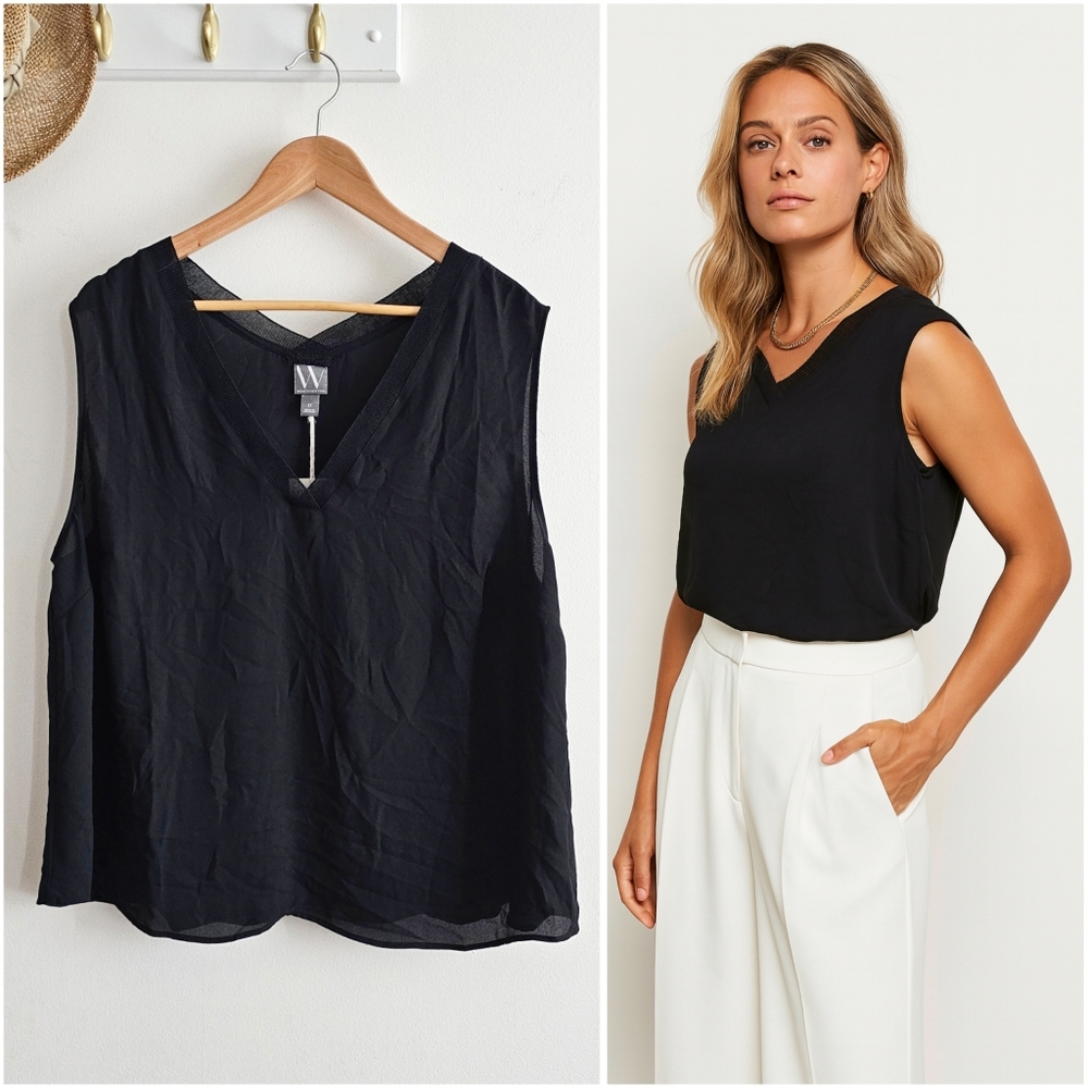 NWT Worthington Black Sleeveless V-Neck Semi Sheer Blouse Top – Size 1X